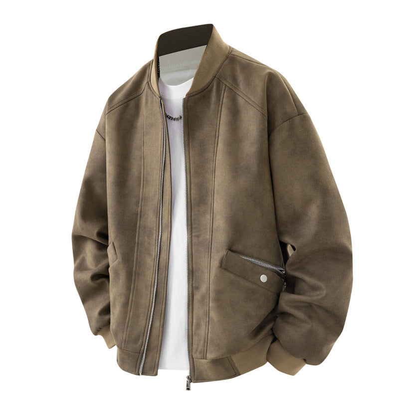 Herren Velours-Optik Bomberjacke im Boxy‑Cut mit Rippkragen, Frontreißverschluss & kombiniertem Zipper-/Klappenfach Nord Taschen