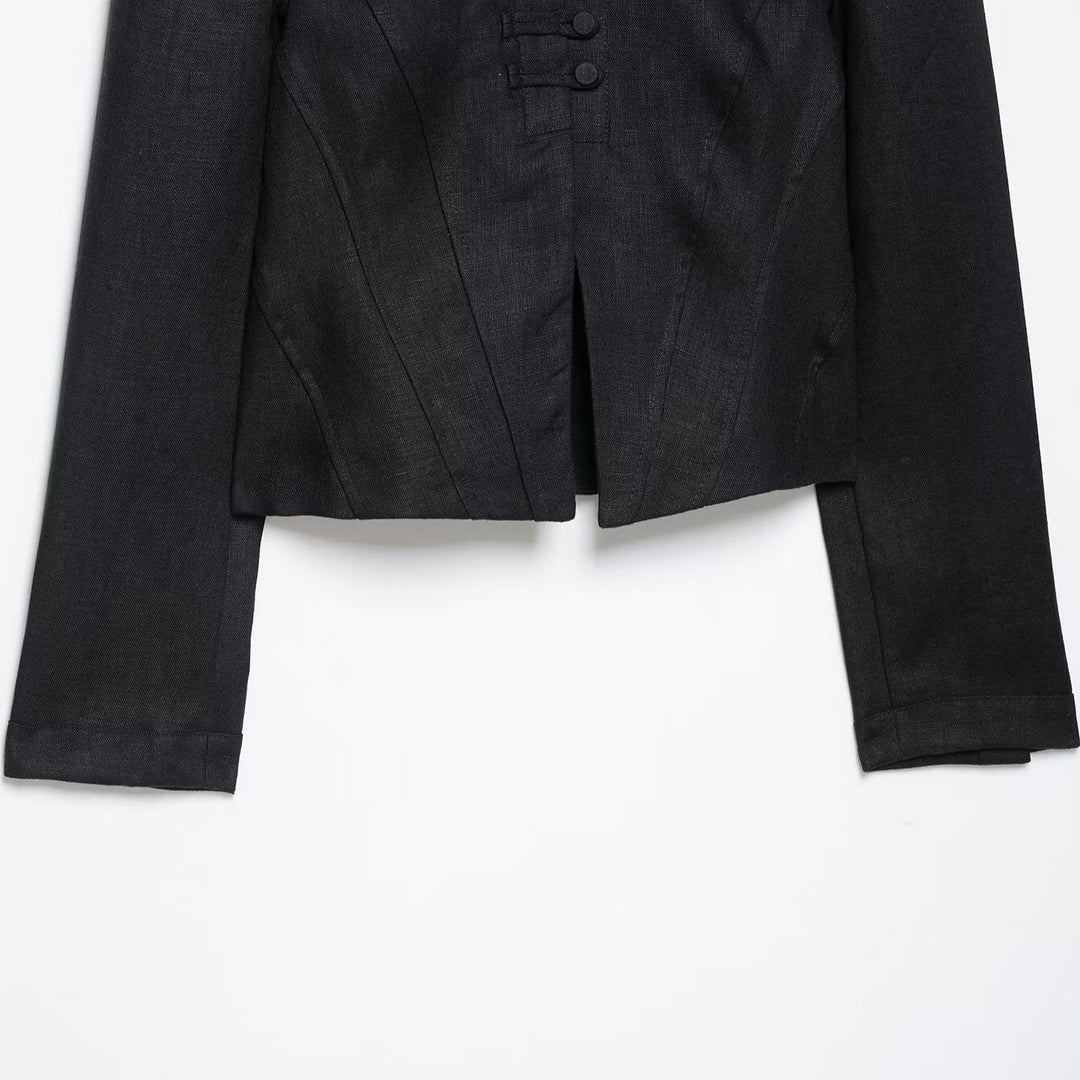 Damen Kurzblazer im Korsettstil mit Stehkragen, Zierknotenschließe und taillierter Teilung Nord Taschen