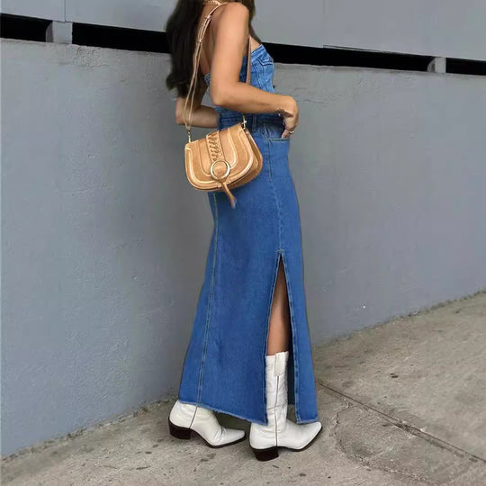 Damen High-Waist Maxirock aus Denim mit frontaler Ziernaht und seitlichem Beinschlitz Nord Taschen