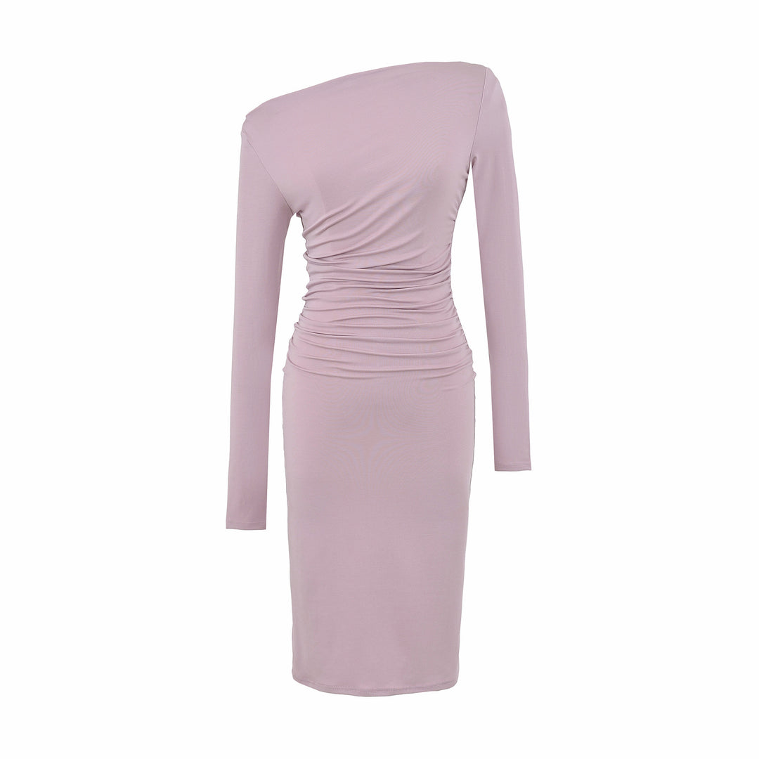 Damen Asymmetrisches Ein-Schulter-Midikleid mit Raffung und Langarm Nord Taschen