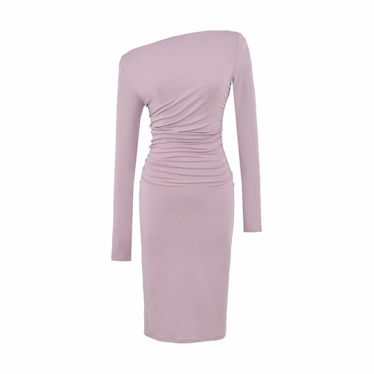 Damen Asymmetrisches Ein-Schulter-Midikleid mit Raffung und Langarm Nord Taschen