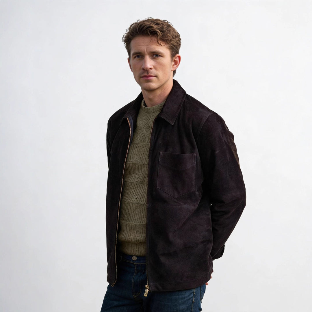Herren Velourslederjacke mit Reißverschluss und Hemdkragen Nord Taschen