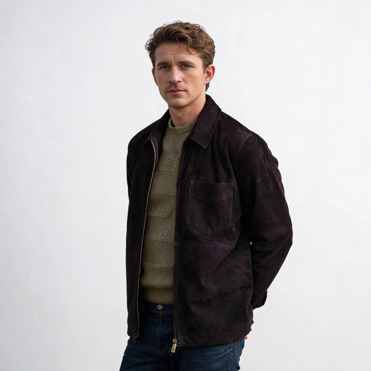 Herren Velourslederjacke mit Reißverschluss und Hemdkragen Nord Taschen
