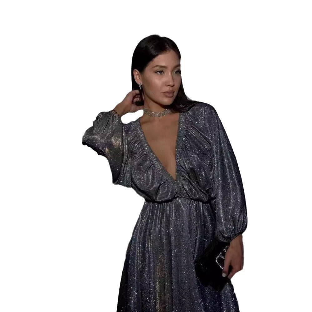 Damen Glitzerndes Abendkleid mit tiefem V Ausschnitt, Ballonärmeln und taillenbetonter Glockenrock Nord Taschen