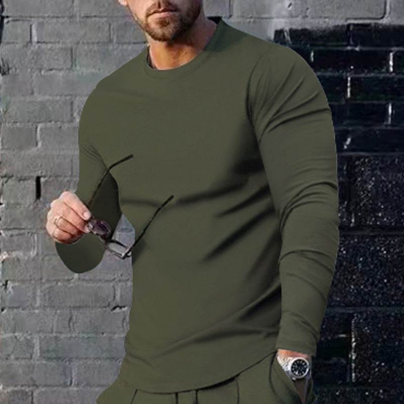 Herren nan schmal geschnittenes Langarmshirt mit Rundhalsausschnitt elastischem Baumwollstretch und verlängertem Saum