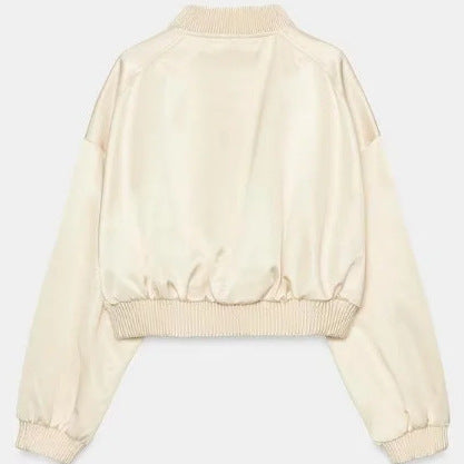 Damen Cropped Blousonjacke aus Satinoptik mit Ballonärmeln und Rippbündchen Nord Taschen