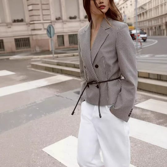 Damen Kurzblazer Doppelreihig im Vichy‑Karo mit Tunnelzug‑Taille Nord Taschen