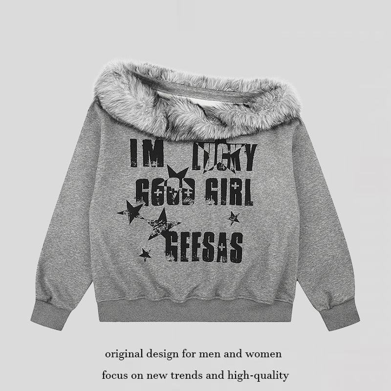 Damen Off-Shoulder Oversize-Sweatshirt mit kuscheligem Faux-Fur-Kragen und distressed Stern-Print Nord Taschen
