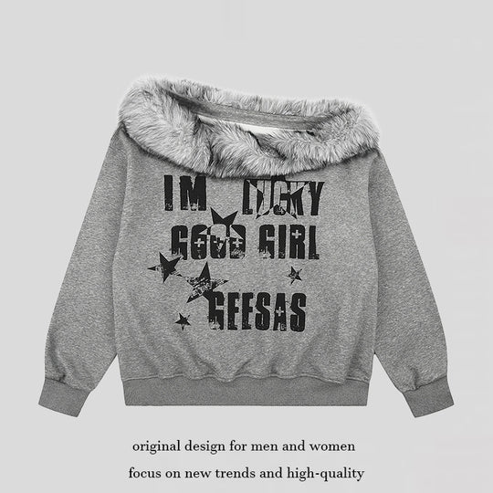 Damen Off-Shoulder Oversize-Sweatshirt mit kuscheligem Faux-Fur-Kragen und distressed Stern-Print Nord Taschen