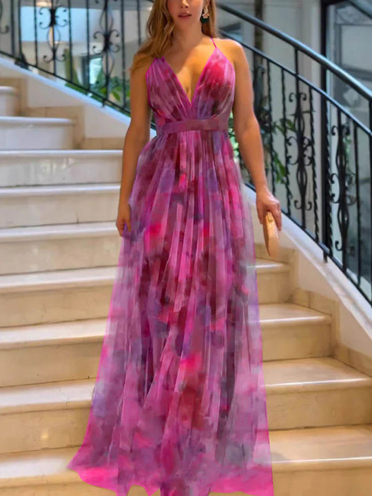 Damen Elegantes Maxikleid mit tiefem V-Ausschnitt und luftigen Stoffschichten