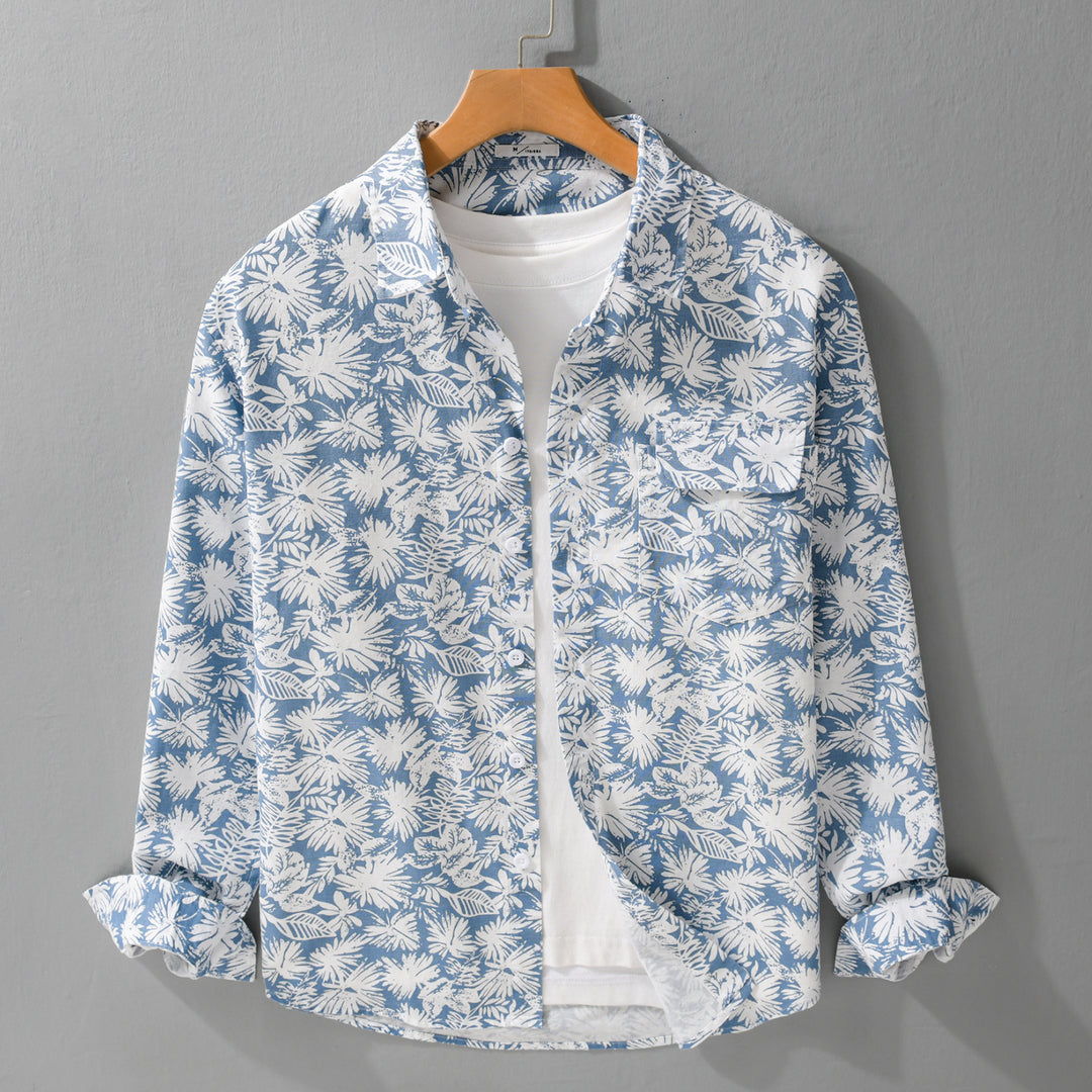 Damen Leichtes Blumenprint-Overshirt aus Leinen-Baumwollmix mit Kentkragen und Brusttasche Nord Taschen