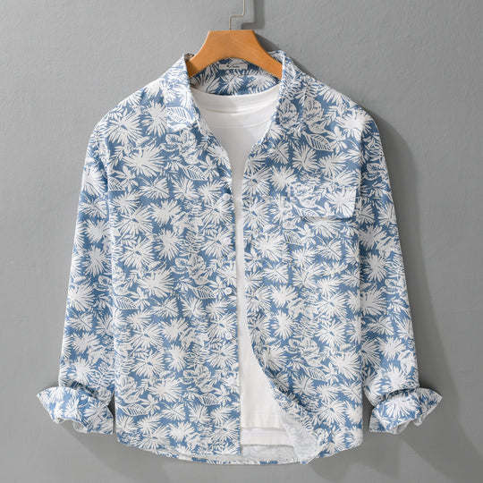 Damen Leichtes Blumenprint-Overshirt aus Leinen-Baumwollmix mit Kentkragen und Brusttasche Nord Taschen