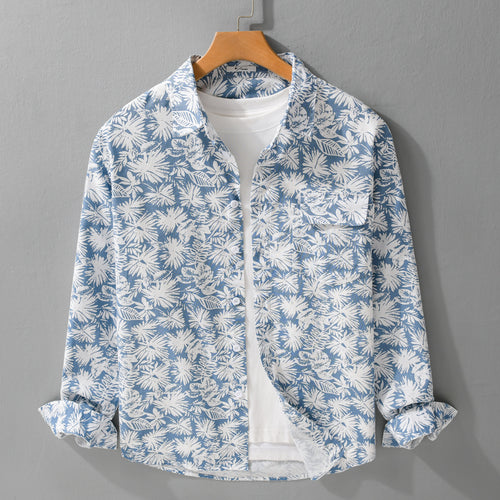 Damen Leichtes Blumenprint-Overshirt aus Leinen-Baumwollmix mit Kentkragen und Brusttasche Nord Taschen
