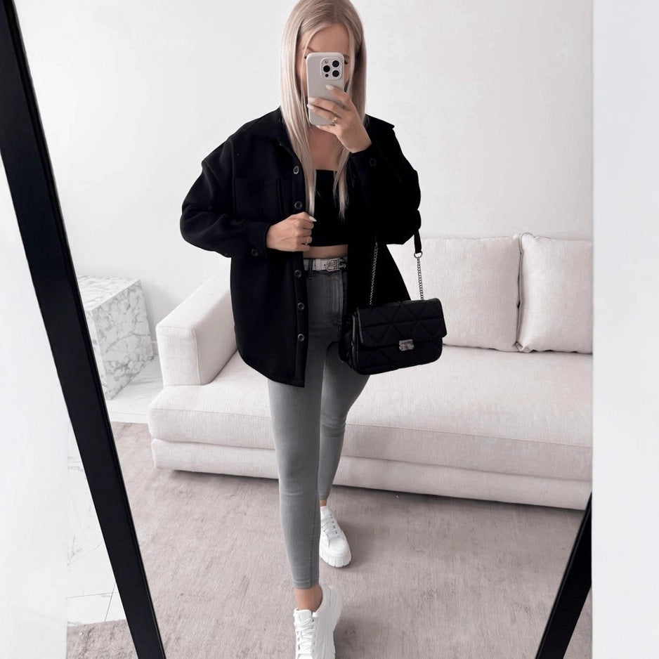 Damen Oversized Hemdjacke Shacket aus weichem Wollmix mit aufgesetzten Brusttaschen Nord Taschen