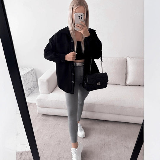 Damen Oversized Hemdjacke Shacket aus weichem Wollmix mit aufgesetzten Brusttaschen Nord Taschen