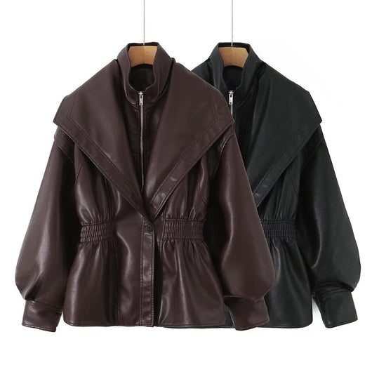 Damen Kunstlederjacke mit XXL-Schalkragen, Taillengummierung und Ballonärmeln Nord Taschen