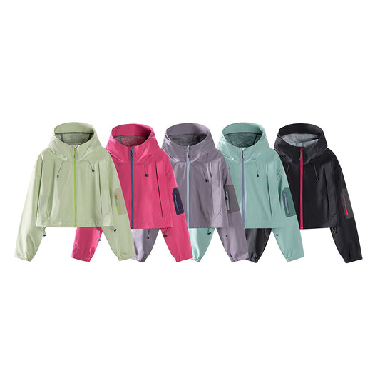 Damen Kurze wasserdichte Kapuzenjacke mit verstellbarem Saum und Ärmeltasche Nord Taschen