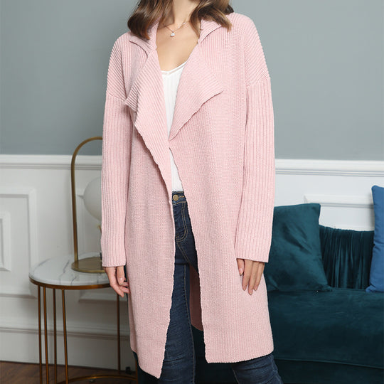 Damen langer offener Rippstrick-Cardigan mit weitem Schalkragen Nord Taschen