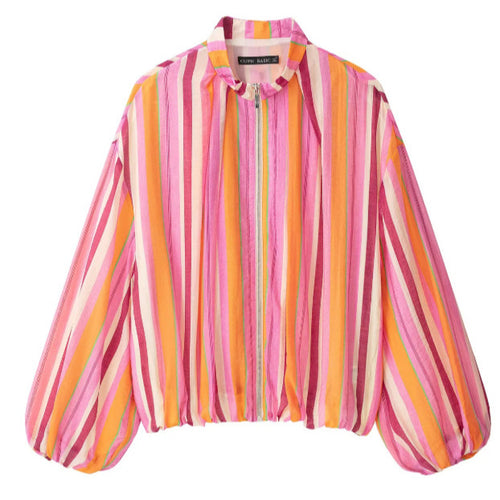 Damen Leichte gestreifte Cropped Blousonjacke im Bomberstil mit Stehkragen, Reißverschluss und Ballonärmeln Nord Taschen