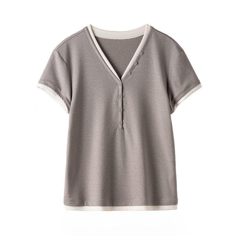 Damen Kurzärmeliges V-Ausschnitt-Henley-Shirt aus Stretch-Jersey mit feiner Knopfleiste Nord Taschen