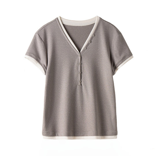 Damen Kurzärmeliges V-Ausschnitt-Henley-Shirt aus Stretch-Jersey mit feiner Knopfleiste Nord Taschen