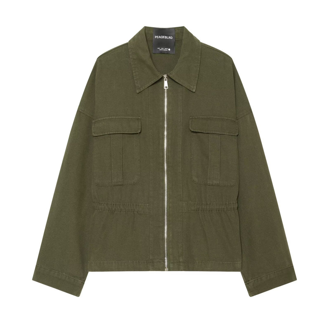 Damen kurze Utility-Jacke mit Reißverschluss, aufgesetzten Brusttaschen und Taillenzug Nord Taschen