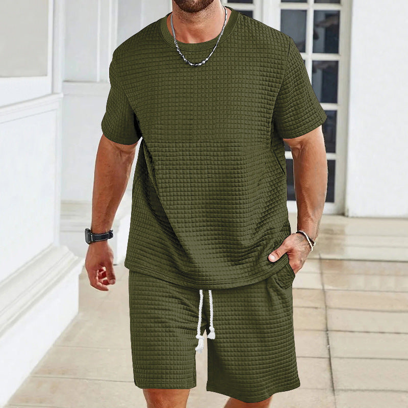 Herren nan leichter Freizeit-Zweiteiler in Waffelstruktur mit Rundhals-T-Shirt und komfortablen Shorts