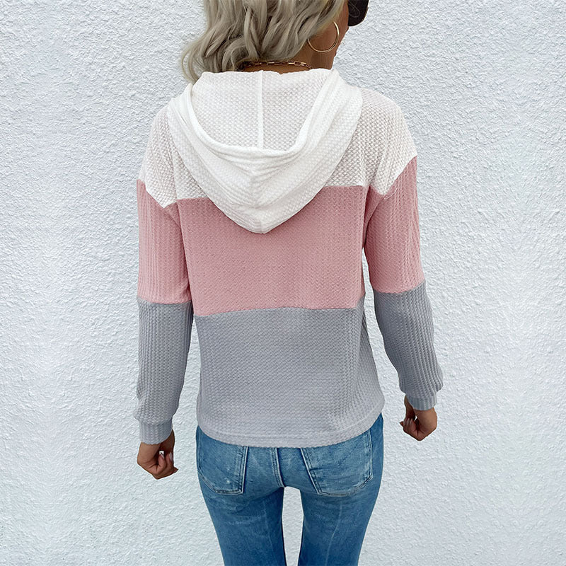 Damen Lässiger Strick-Hoodie mit Colorblock, Kordelzug und feinem Waffelmuster Nord Taschen