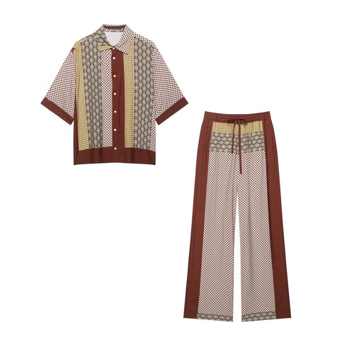 Damen Weite Palazzo‑Hose mit Print‑Einsätzen, Tunnelzugbund und Seitenpaspeln Nord Taschen