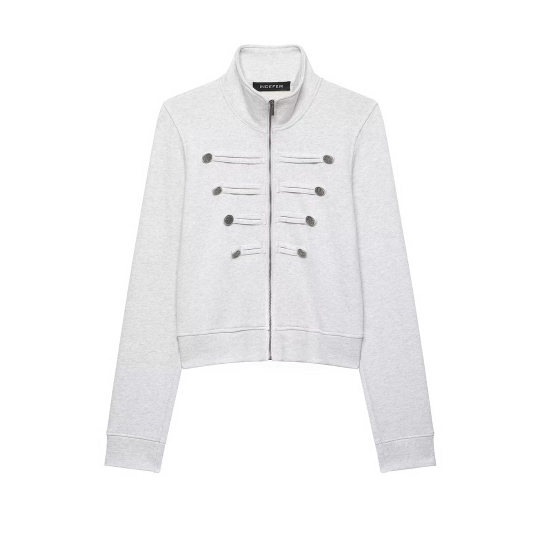 Damen Kurze Sweatjacke im Militärstil mit Stehkragen und dekorativer Knopfleiste Nord Taschen