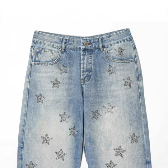Damen Jeanshose mit weitem Bein und Sternen-Strassbesatz Nord Taschen