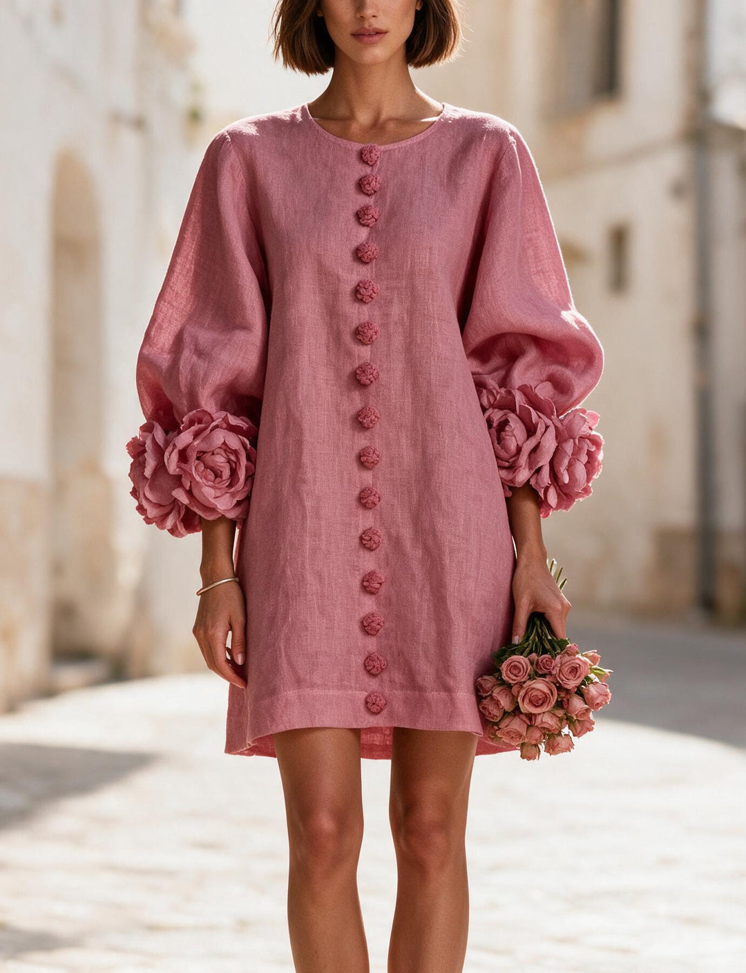 Damen Kurzkleid aus Leinen mit voluminösen Ballonärmeln und 3D-Blumenmanschetten Nord Taschen