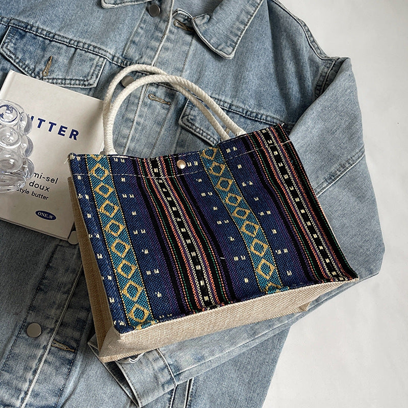 Damen Jute-Tragetasche mit buntem Muster und stabilen Baumwollgriffen Nord Taschen