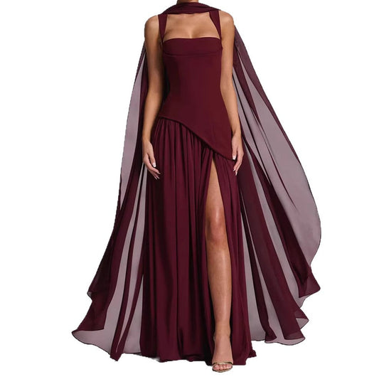 Damen Elegantes Maxikleid mit asymmetrischem Schnitt und fließendem Cape