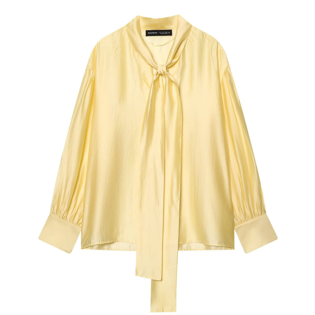 Damen Seidige Bluse mit Bindeschal und Ballonärmeln Nord Taschen