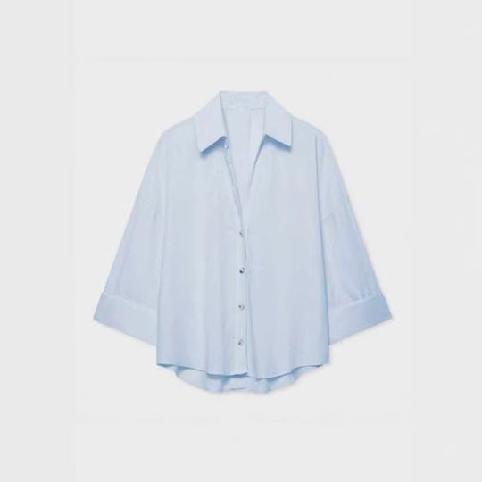 Damen Leichte Oversize Leinenoptik Bluse mit Dreiviertelärmeln und durchgehender Knopfleiste Nord Taschen