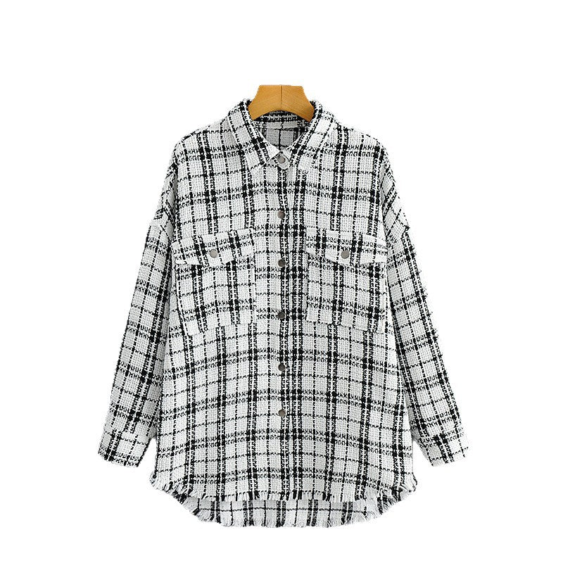 Damen Oversized Tweed-Hemdjacke mit Brusttaschen und fransigem Saum Nord Taschen
