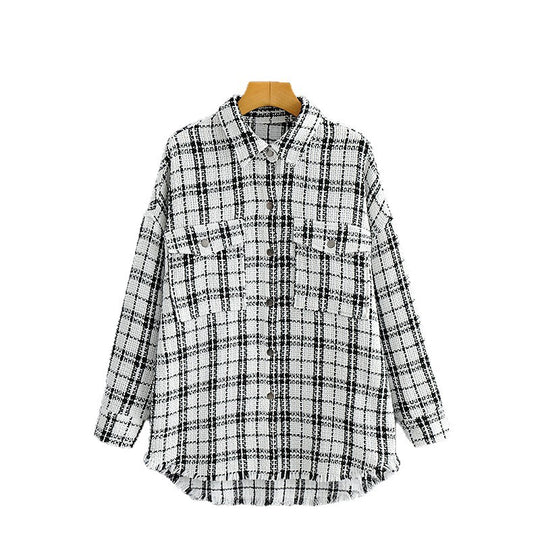 Damen Oversized Tweed-Hemdjacke mit Brusttaschen und fransigem Saum Nord Taschen