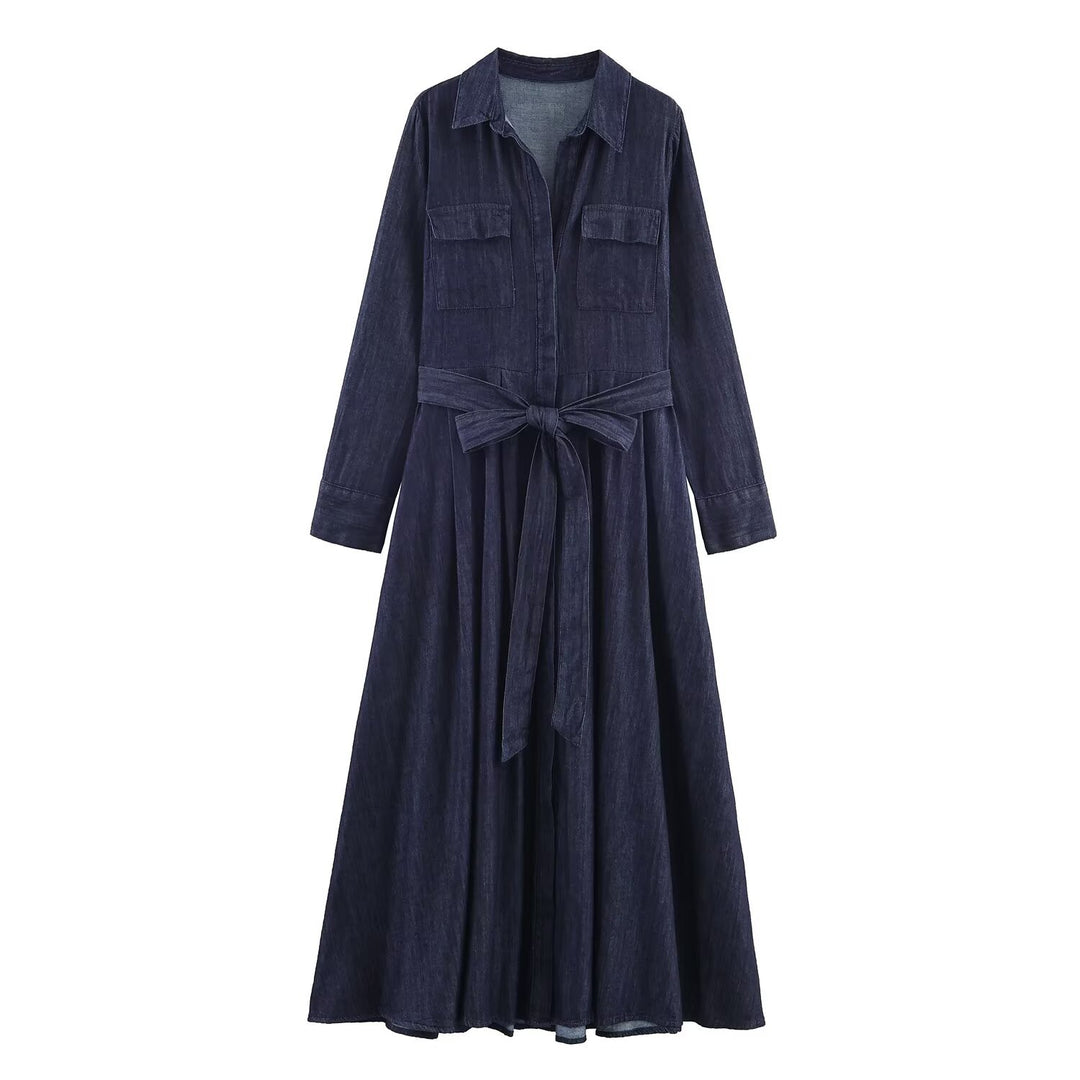 Damen Langes Denim-Hemdblusenkleid mit Taillenband und aufgesetzten Brusttaschen Nord Taschen