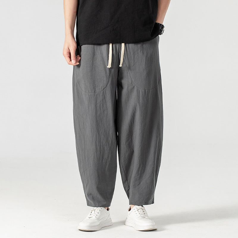 Herren Lässige Leinen-Baumwoll-Hose mit weitem Bein, Kordelzug und aufgesetzten Taschen Nord Taschen