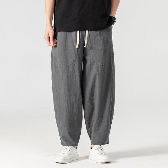 Herren Lässige Leinen-Baumwoll-Hose mit weitem Bein, Kordelzug und aufgesetzten Taschen Nord Taschen