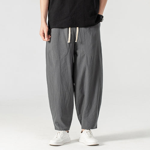 Herren Lässige Leinen-Baumwoll-Hose mit weitem Bein, Kordelzug und aufgesetzten Taschen Nord Taschen