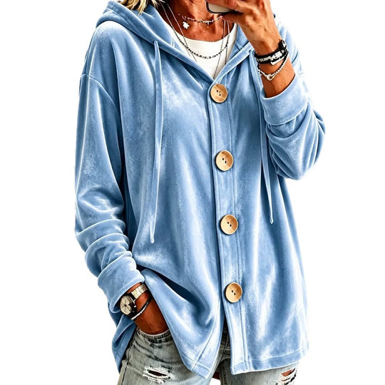 Damen Oversize Kapuzen-Samtjacke mit großen Holzknöpfen und weichem Veloursfutter Nord Taschen