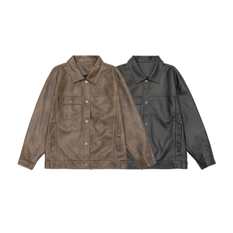 Herren Kastig geschnittenes Overshirt im Vintage‑Lederlook mit Druckknopf‑Front und Brustklappe Nord Taschen