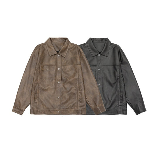 Herren Kastig geschnittenes Overshirt im Vintage‑Lederlook mit Druckknopf‑Front und Brustklappe Nord Taschen