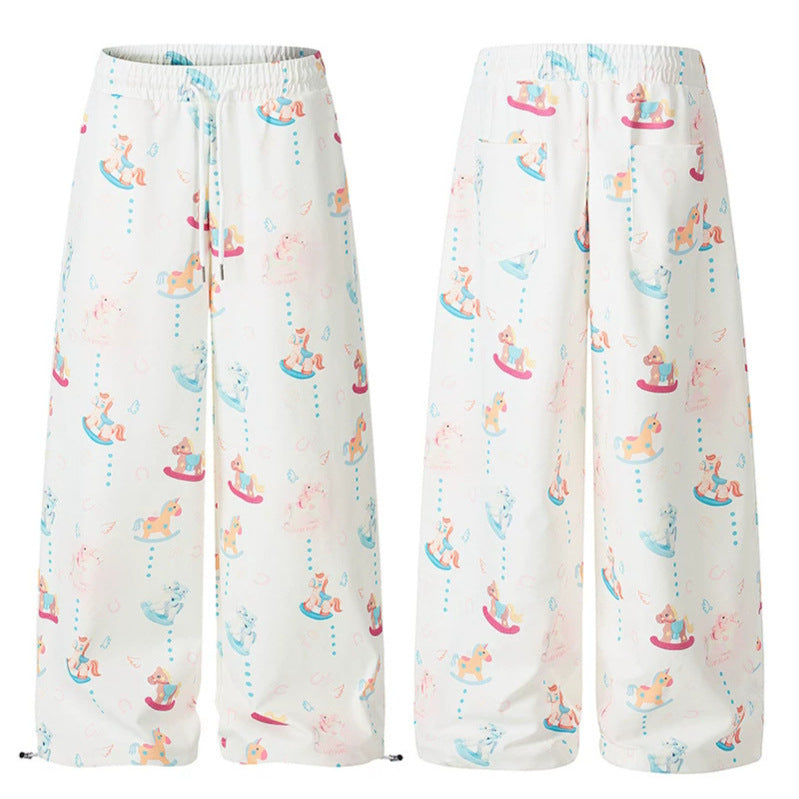 Damen Weite Palazzo-Loungehose mit Komfortbund, Kordelzug und verspieltem Schaukelpferd-Print Nord Taschen