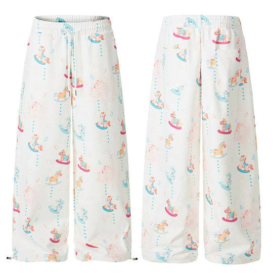 Damen Weite Palazzo-Loungehose mit Komfortbund, Kordelzug und verspieltem Schaukelpferd-Print Nord Taschen