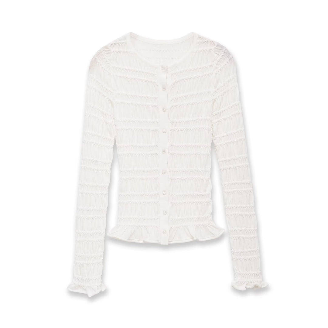 Damen Gesmoktes Feinstrick-Cardigan mit Rüschenabschluss und Knopfleiste Nord Taschen