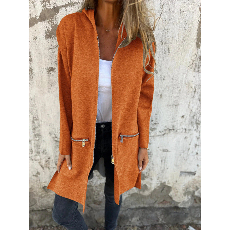 Damen Kapuzen-Longcardigan mit durchgehendem Reißverschluss und Ziertaschen Nord Taschen