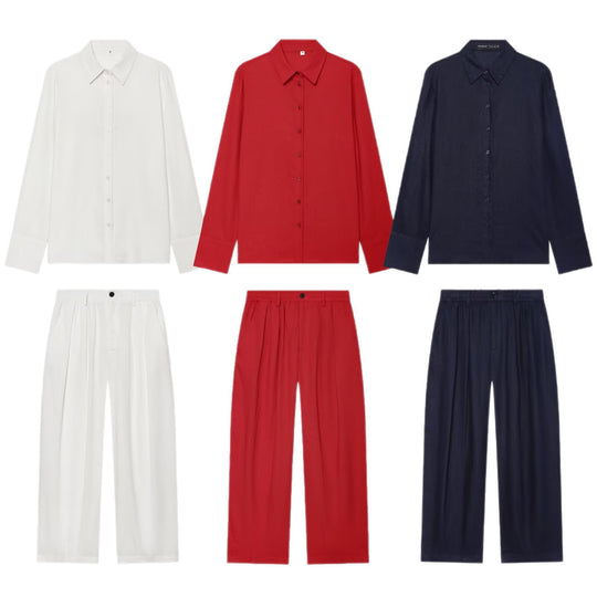 Damen Zweiteiliges Satin-Set mit weichem Oversized-Hemd und hochgeschnittener Palazzo-Hose Nord Taschen